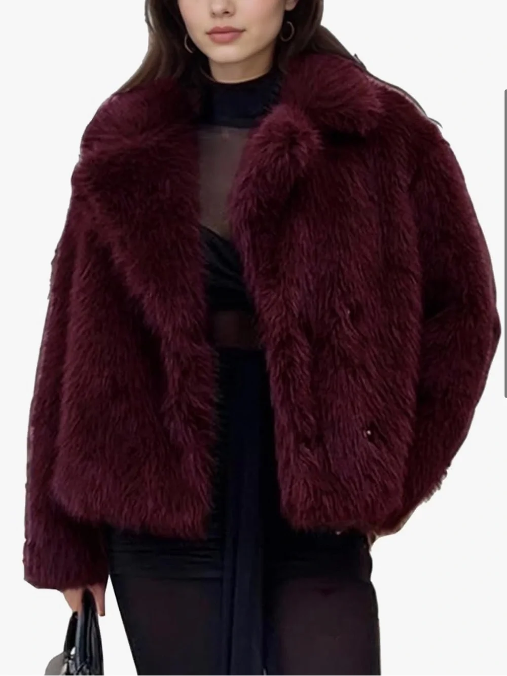 Women's Faux Fur Jacket shaggy Burgundy Plush Coat